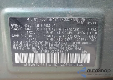 2013 Subaru Outback 2.5I Limited z USA, uszkodzony, nr VIN 4S4BRBLC5D3289117